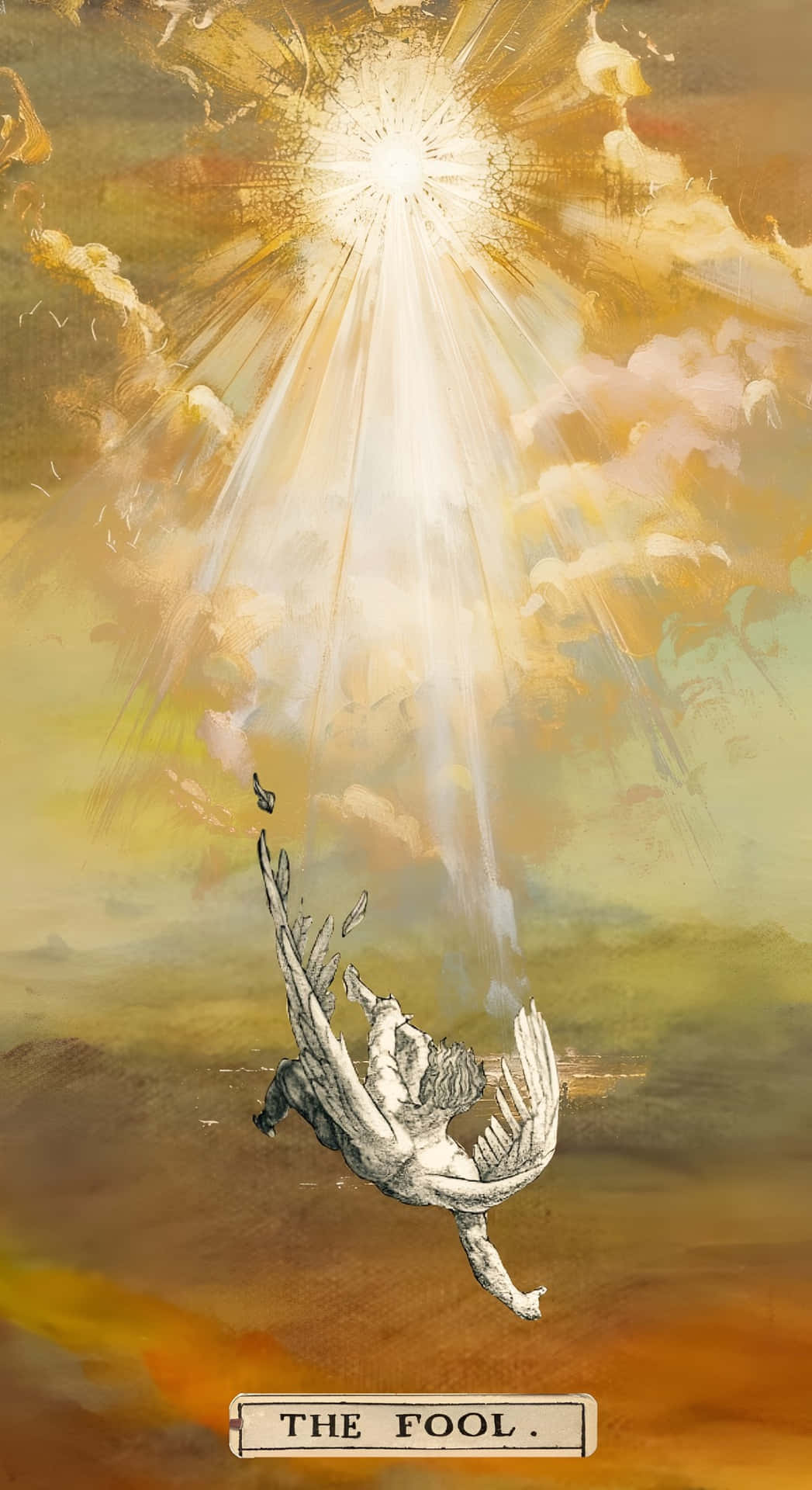  壁紙 — 一個有翼的身影向上躍起，朝向一道穿透神秘天空中金色雲層的燦爛陽光。