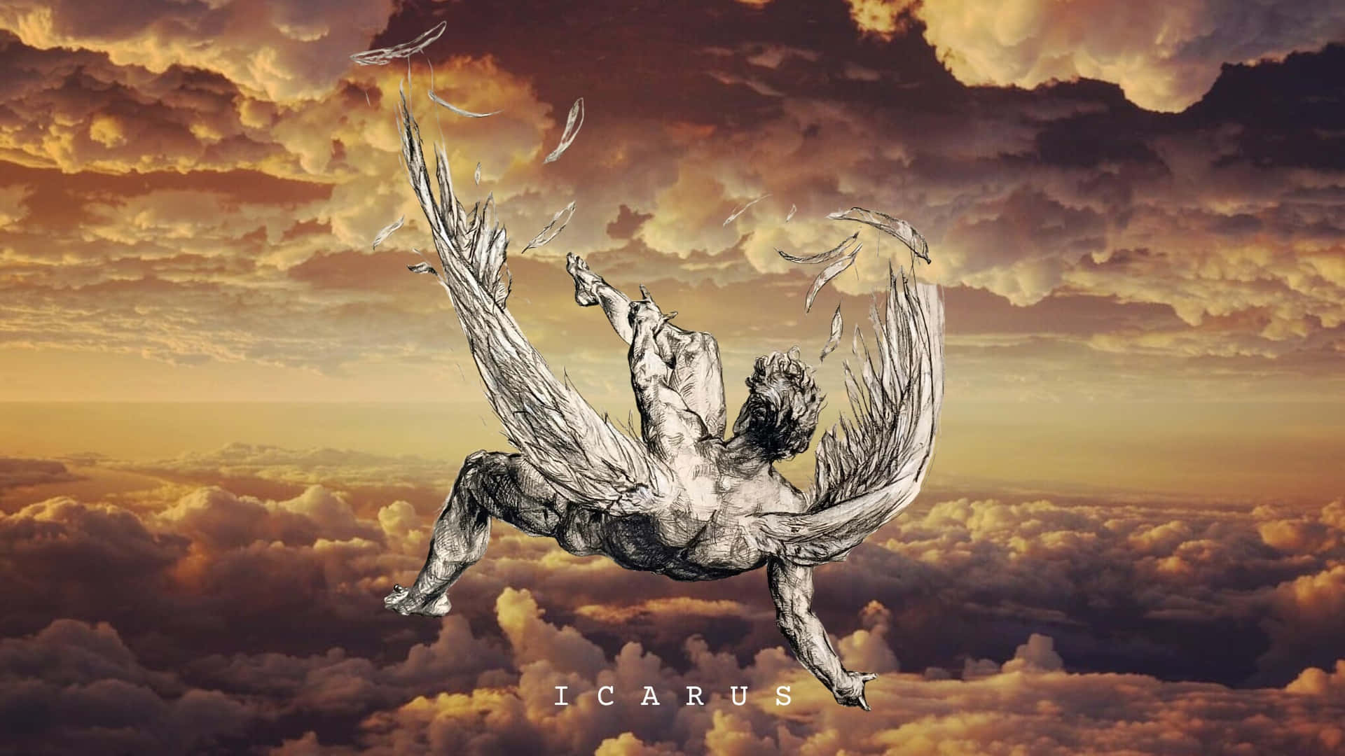  壁紙 — 一個有翼的身影穿過熾熱的橙色雲層，在戲劇性的日落天空背景下急速下墜。