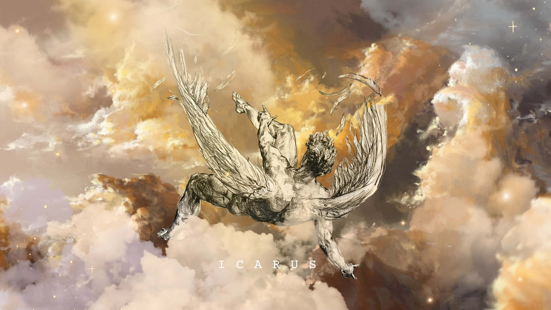  壁紙 — 一個有翼的人物在金色和暴風雲中墜落，構成戲劇性的神話場景。