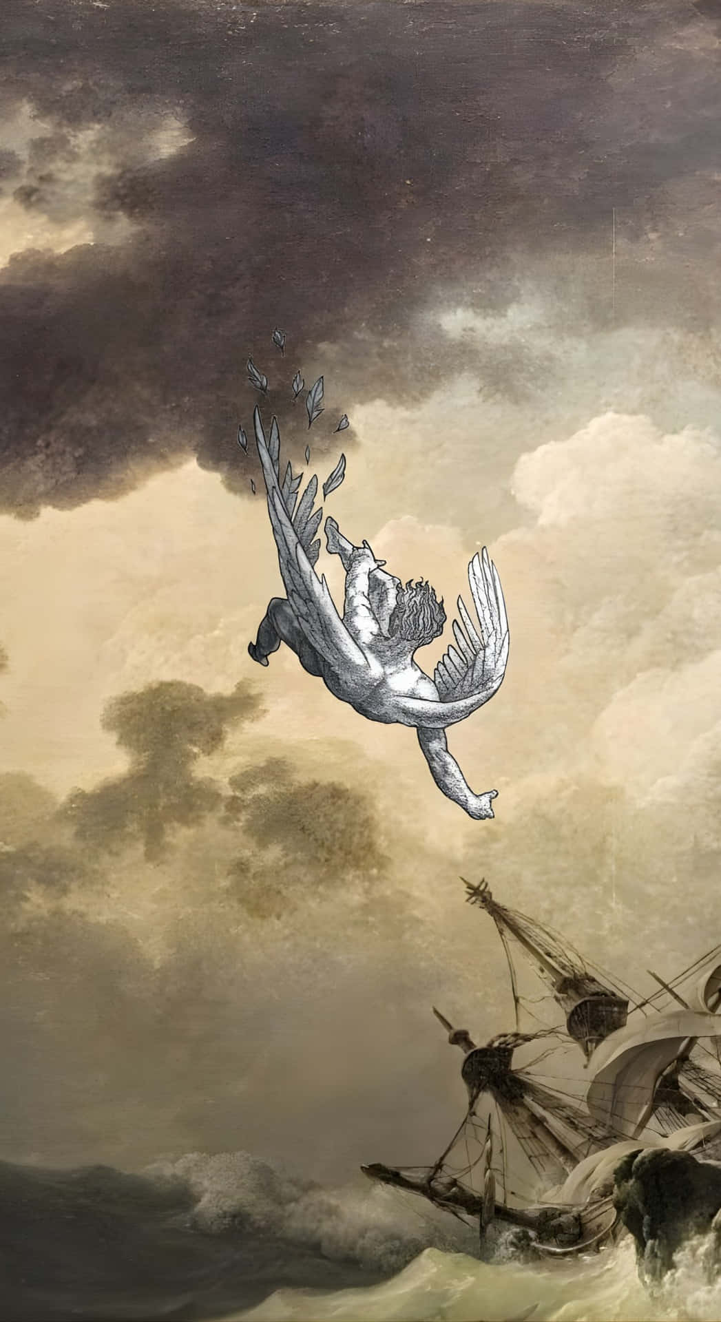  壁紙 — 一個有翼的身影穿過暴風雲，墜落在一艘與洶湧大海搏鬥的船隻上方。