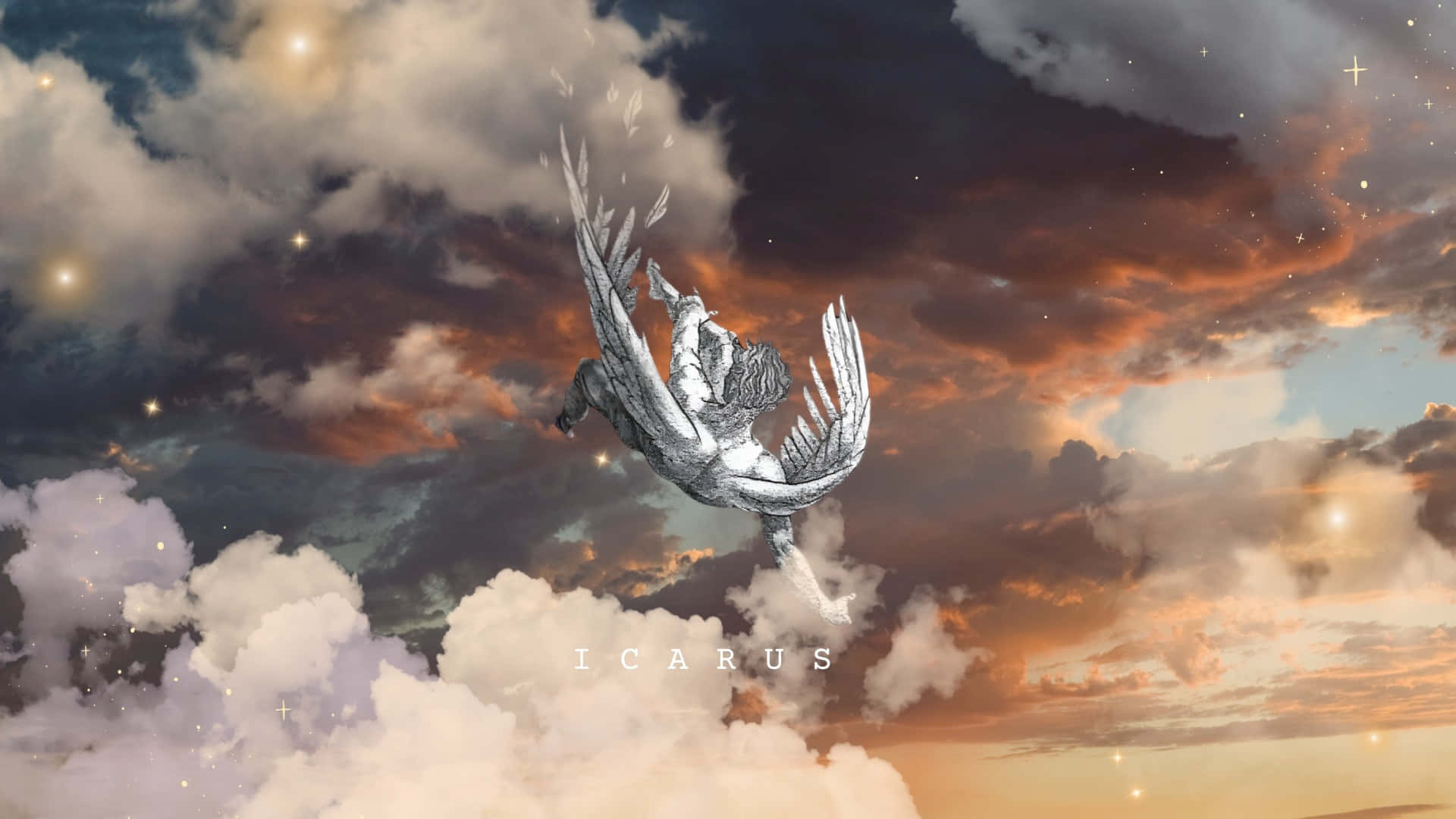  壁紙 — 一個有翼的人物在充滿閃爍星星和翻滾雲層的戲劇性暮色天空中翱翔。