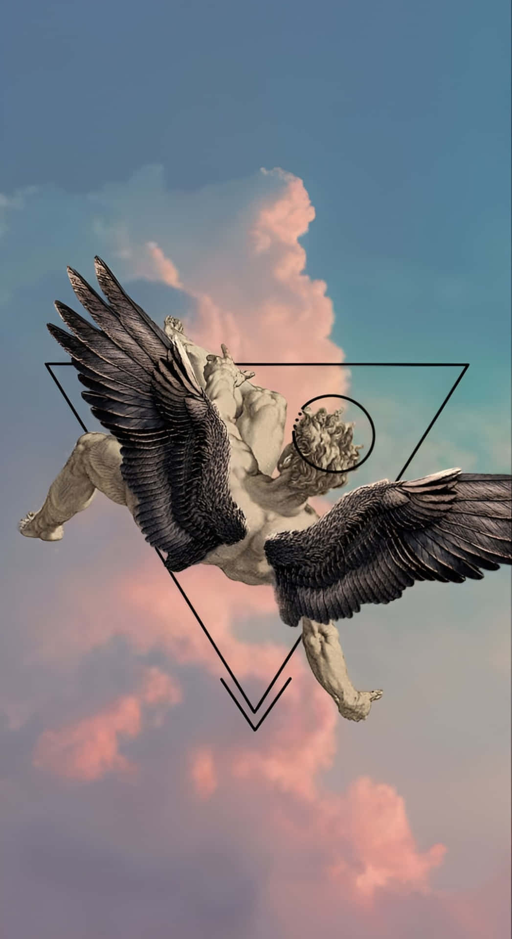  壁紙 — 一個有翼的神話生物大理石雕像，在黑色三角形框住的粉彩天空中翱翔。