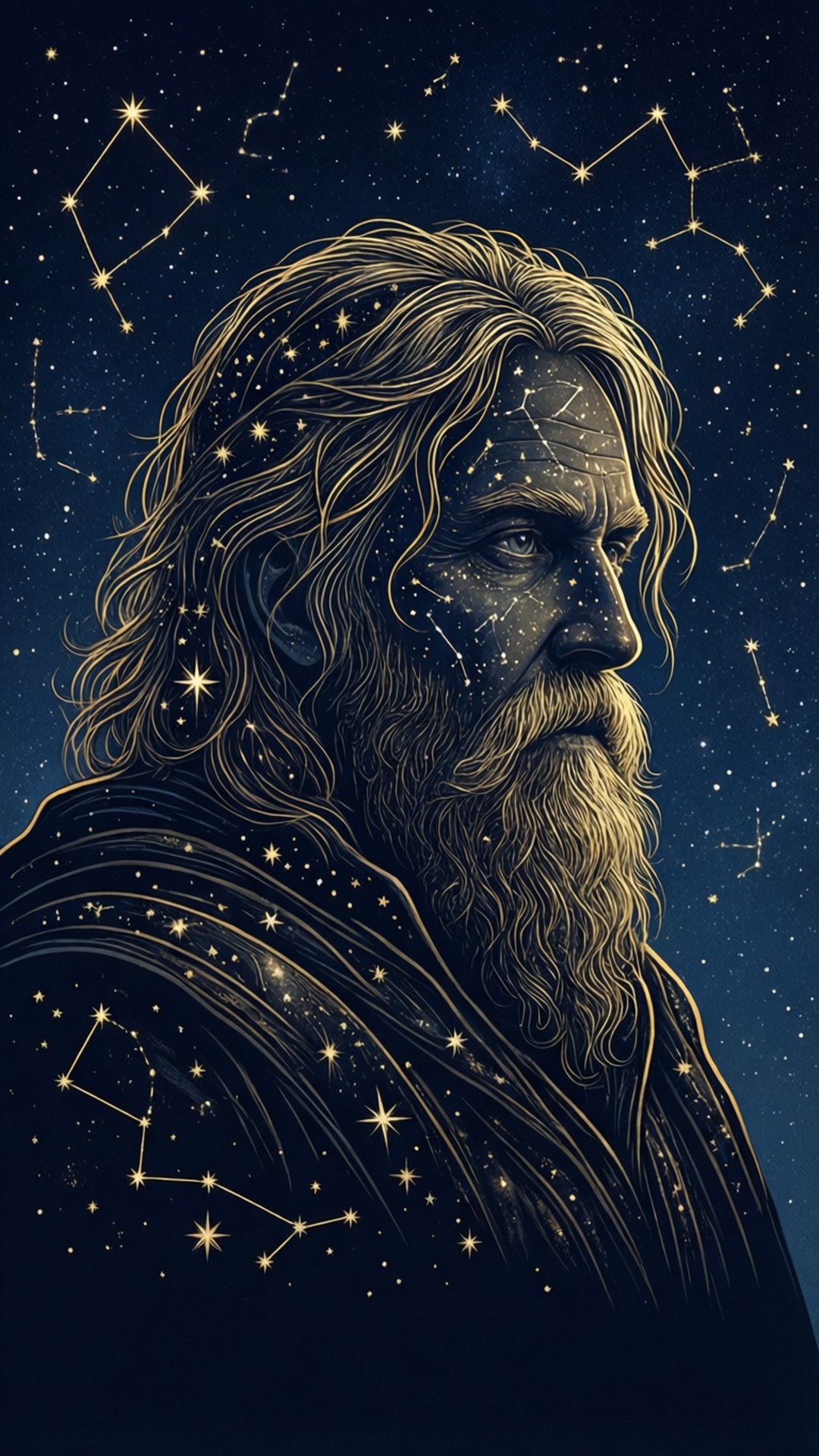 一位睿智的鬍鬚男子，星星和星座在臉上發光，背景是星空。