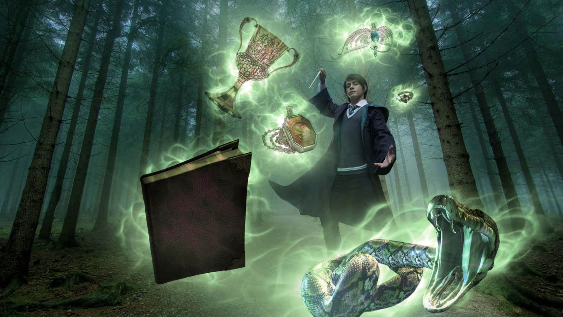 壁紙 — 一位森林中的巫師召喚出發光的魔法神器和一條蛇，綠色能量在他周圍旋轉。
