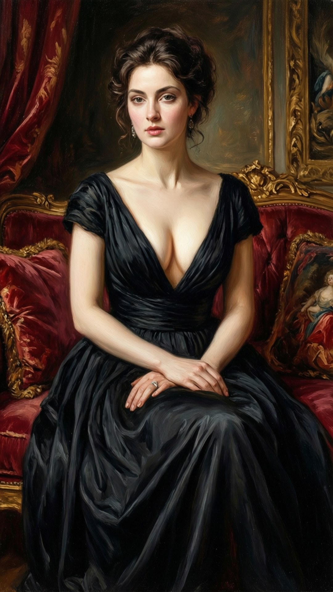 Cleavage 桌布 壁紙 — 一位身穿黑色禮服的女士，在一個有厚重窗簾和裱框藝術品的鍍金房間裏，威嚴地坐在紅色天鵝絨沙發上。