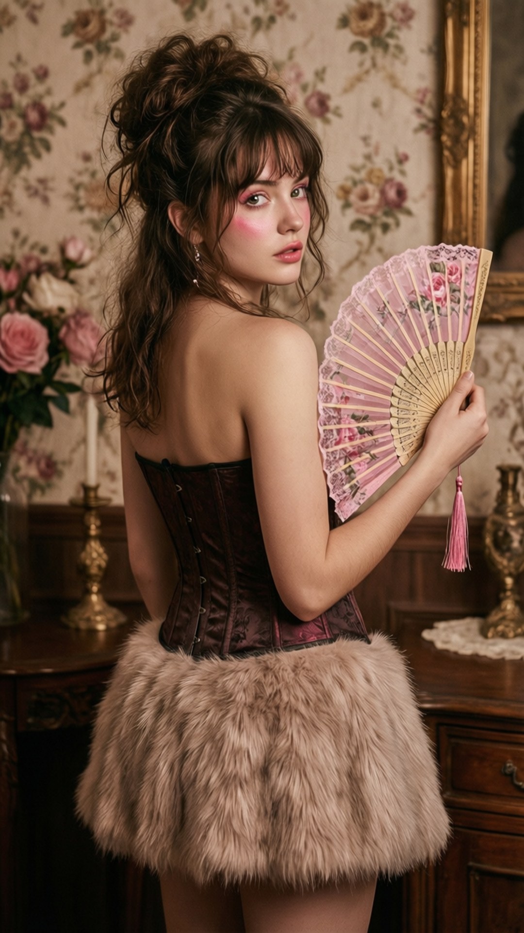 穿著緊身胸衣和毛皮裙的女性在裝飾華麗的房間中手持花卉扇子。