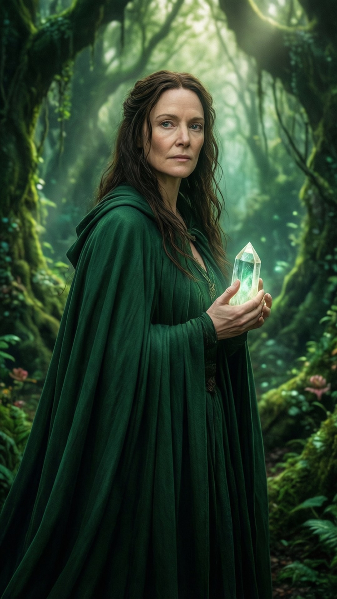 Katie Mcgrath 桌布 壁紙 — 一位身穿深綠色斗篷的女子，在霧氣瀰漫、長滿苔蘚的森林中手持一顆發光的水晶。