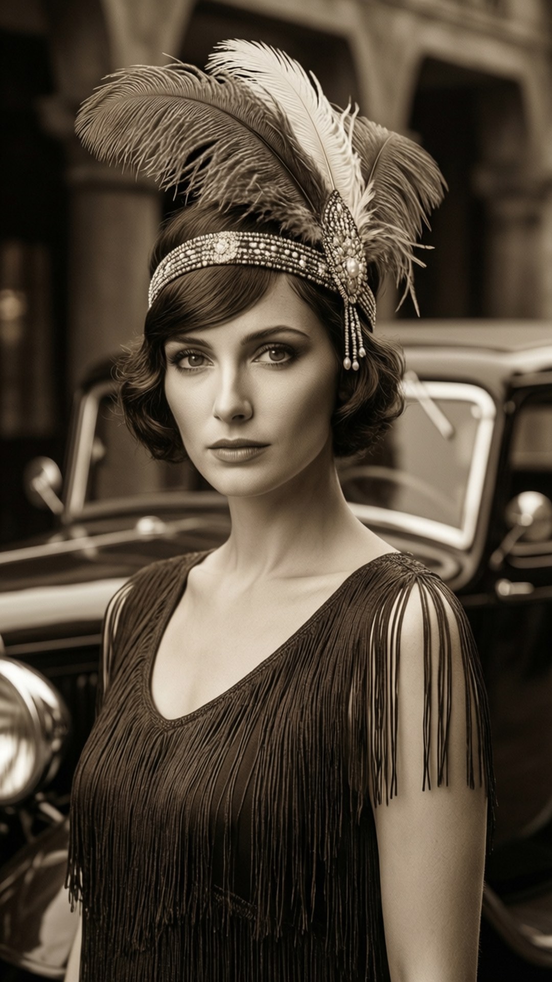 Roaring Twenties 壁紙 — 一位身穿飛女裙、頭戴羽毛頭飾的女性，站在一輛懷舊汽車前，呈現棕褐色調。