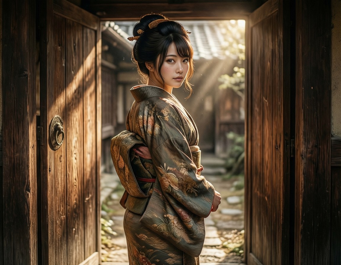 身穿傳統和服的女士站在木門前，陽光照射進來。