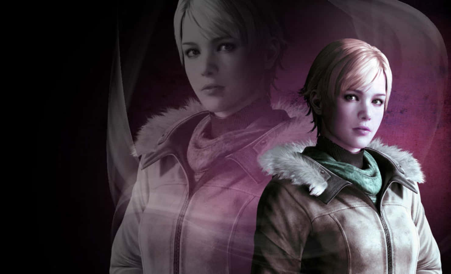 Sherry Birkin 桌布 壁紙 — 一位穿著毛領外套的女性站在深紫色背景前，面對著一個半透明的幽靈般的自己。