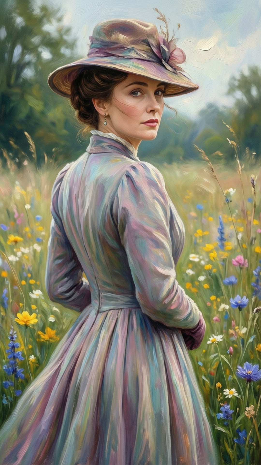 Elegance in Nature 壁紙 — 一位身穿粉彩長裙和帽子的女士站在陽光明媚的野花田中，回頭凝望。