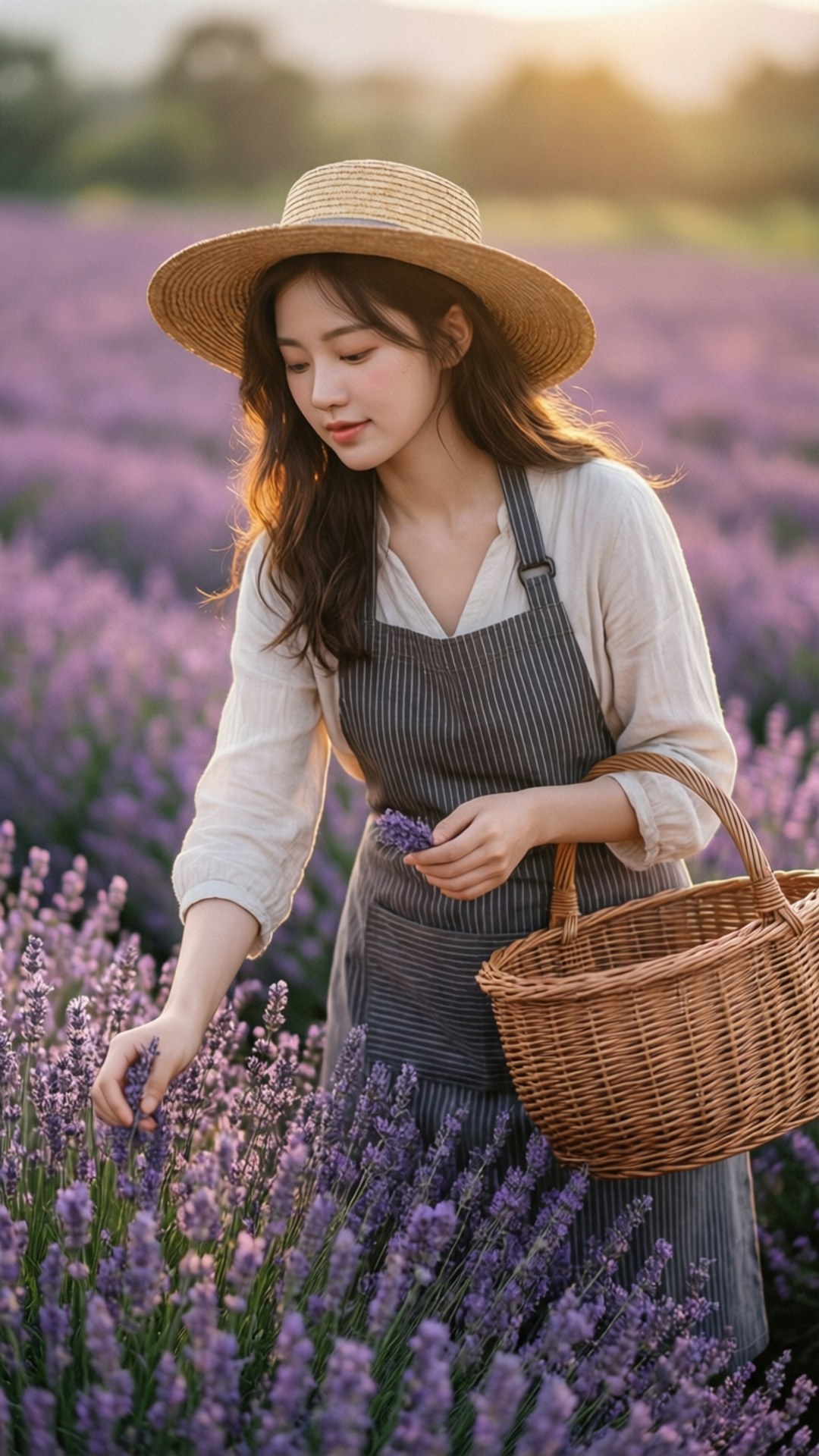 女人喺日落時分嘅田野入面，用柳條籃收穫薰衣草。 — 鄉村風 壁紙