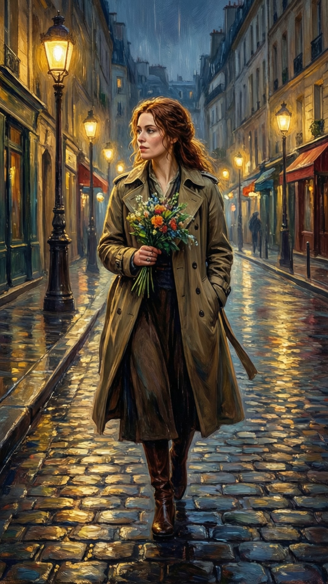 穿著風衣的女性拿著花在夜晚的雨中鵝卵石街道上行走。