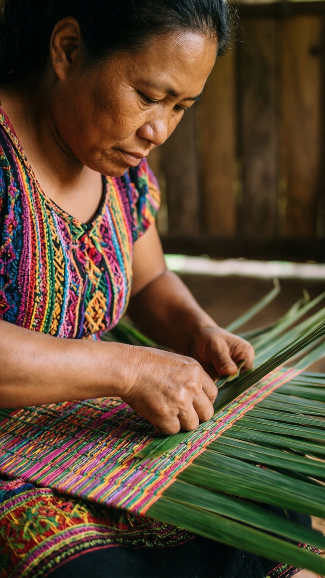 Weaving Pandanus Mat 壁紙 — 一位穿著鮮豔傳統服飾的女性，在質樸的木製環境中用綠色棕櫚葉編織彩色紡織品。