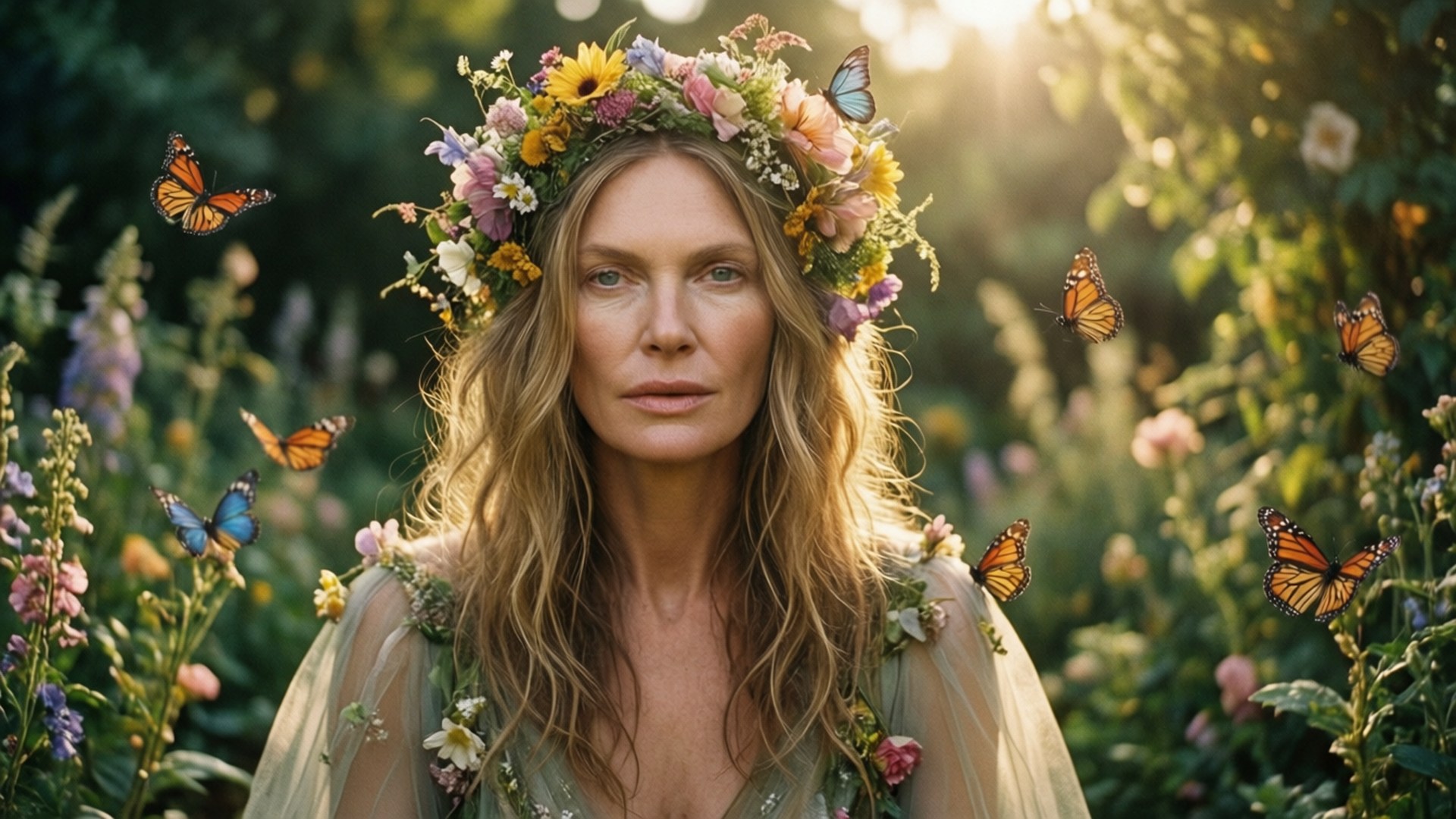 Kate Moss 桌布 壁紙 — 一位戴著花冠的女子與蝴蝶在沐浴著金色陽光的花園中飄浮。