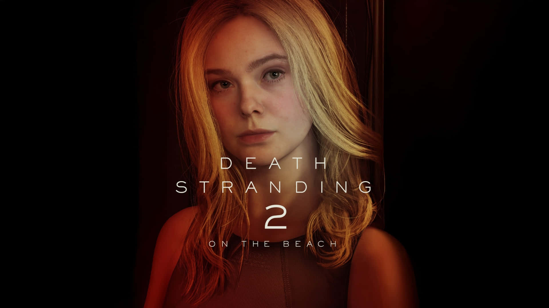  壁紙 — 一位金髮女性在黑暗背景中，帶有溫暖燈光和疊加的「Death Stranding 2 On The Beach」文字，專注地凝視著。