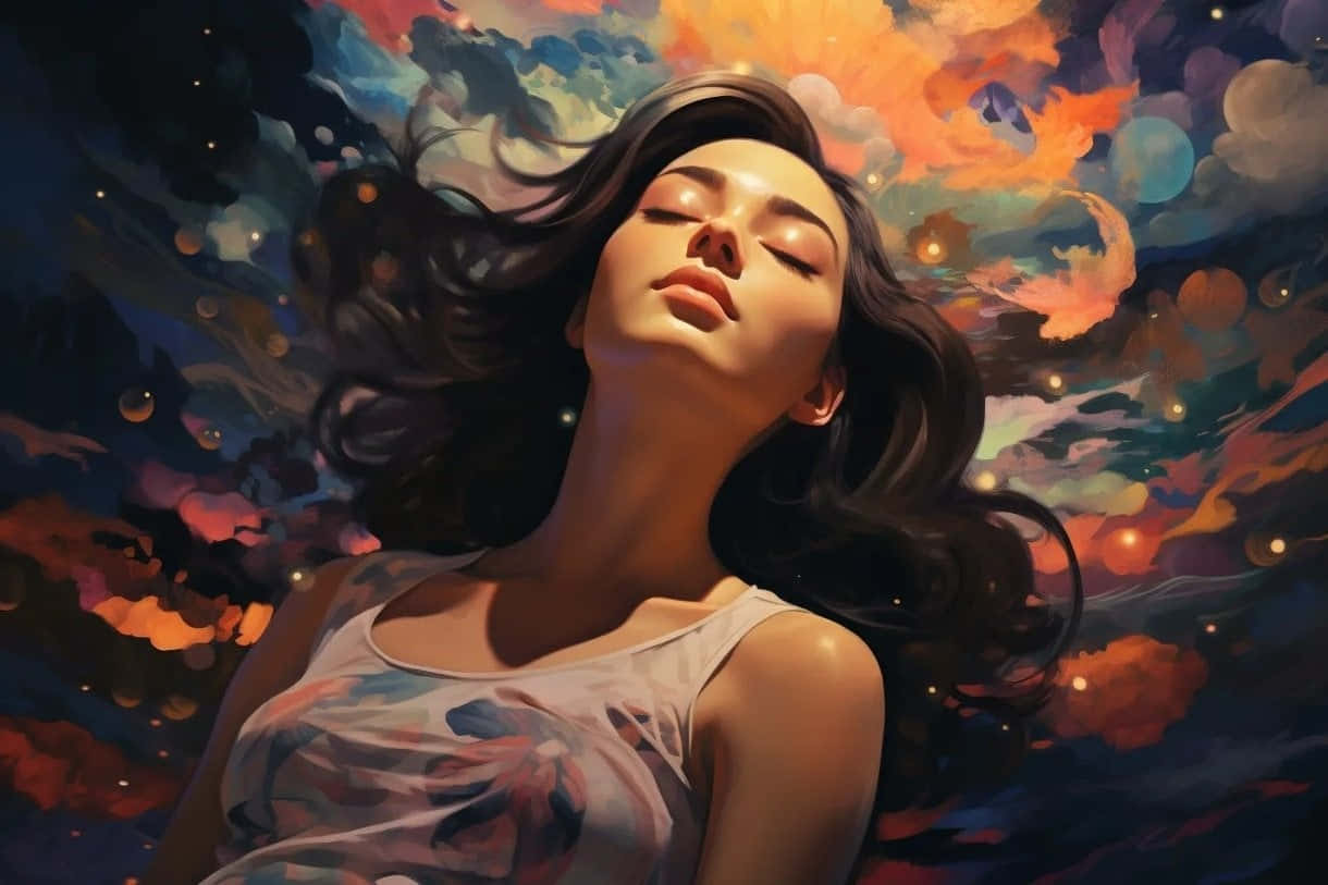  壁紙 — 一位閉著眼睛、長髮飄逸的女士，在充滿橙色、藍色和紫色漩渦雲彩的鮮豔宇宙天空中平靜地漂浮。