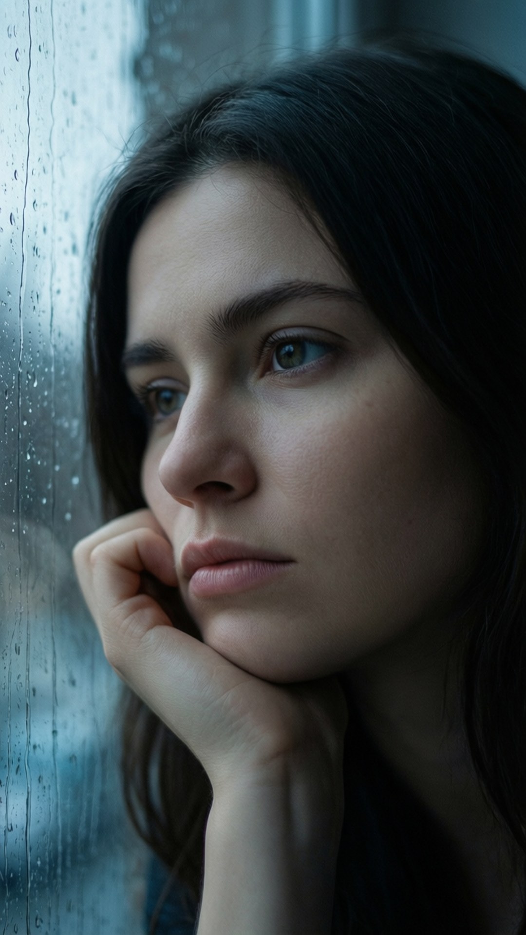 桌布 壁紙 — 一位深色頭髮的女性在昏暗的房間裏，透過雨水斑駁的窗戶沉思地凝視着。