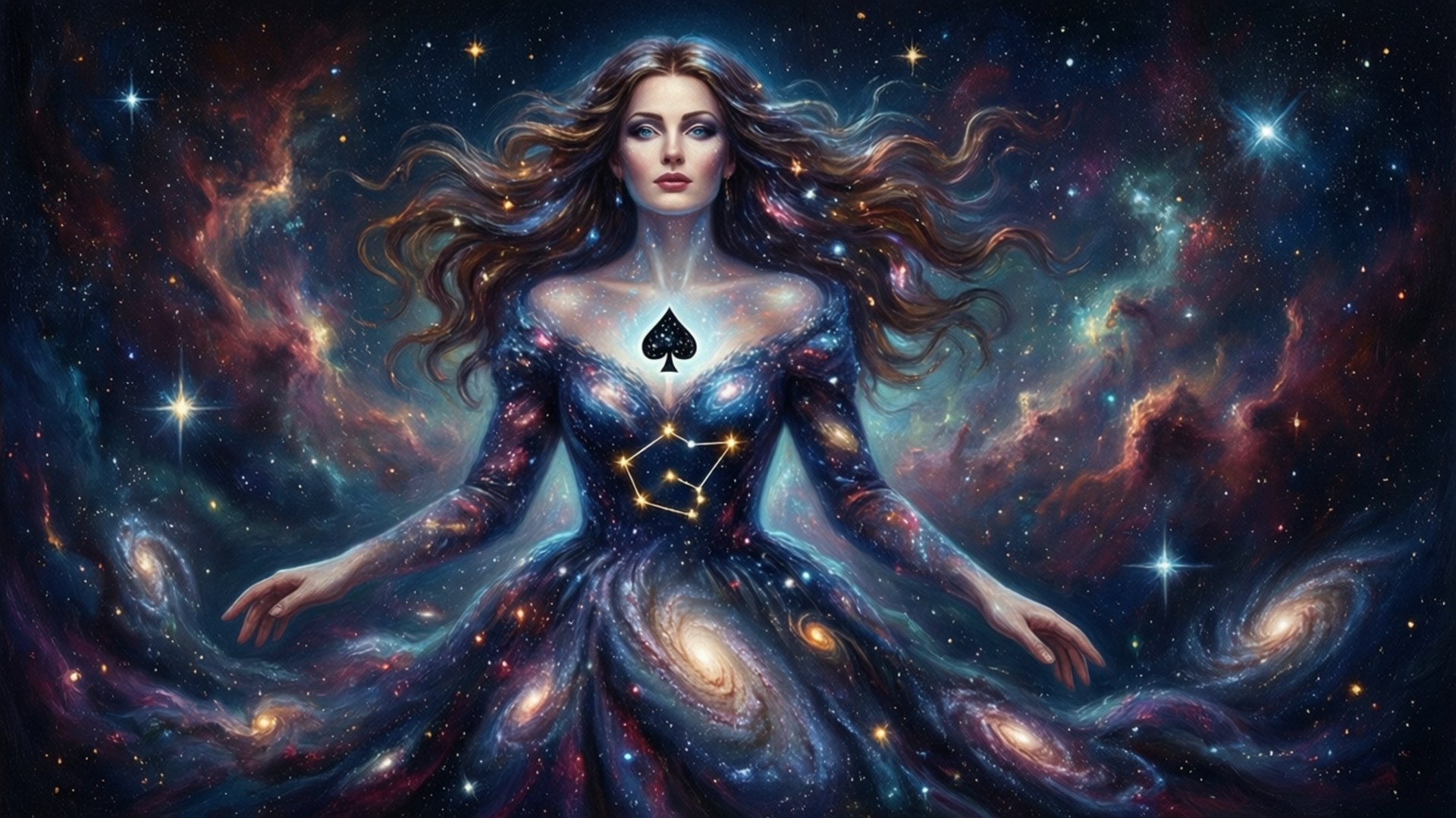 桌布 壁紙 — 一位長髮飄逸的女子，身穿由星系組成的宇宙長袍，漂浮在繁星點點的星雲背景前。