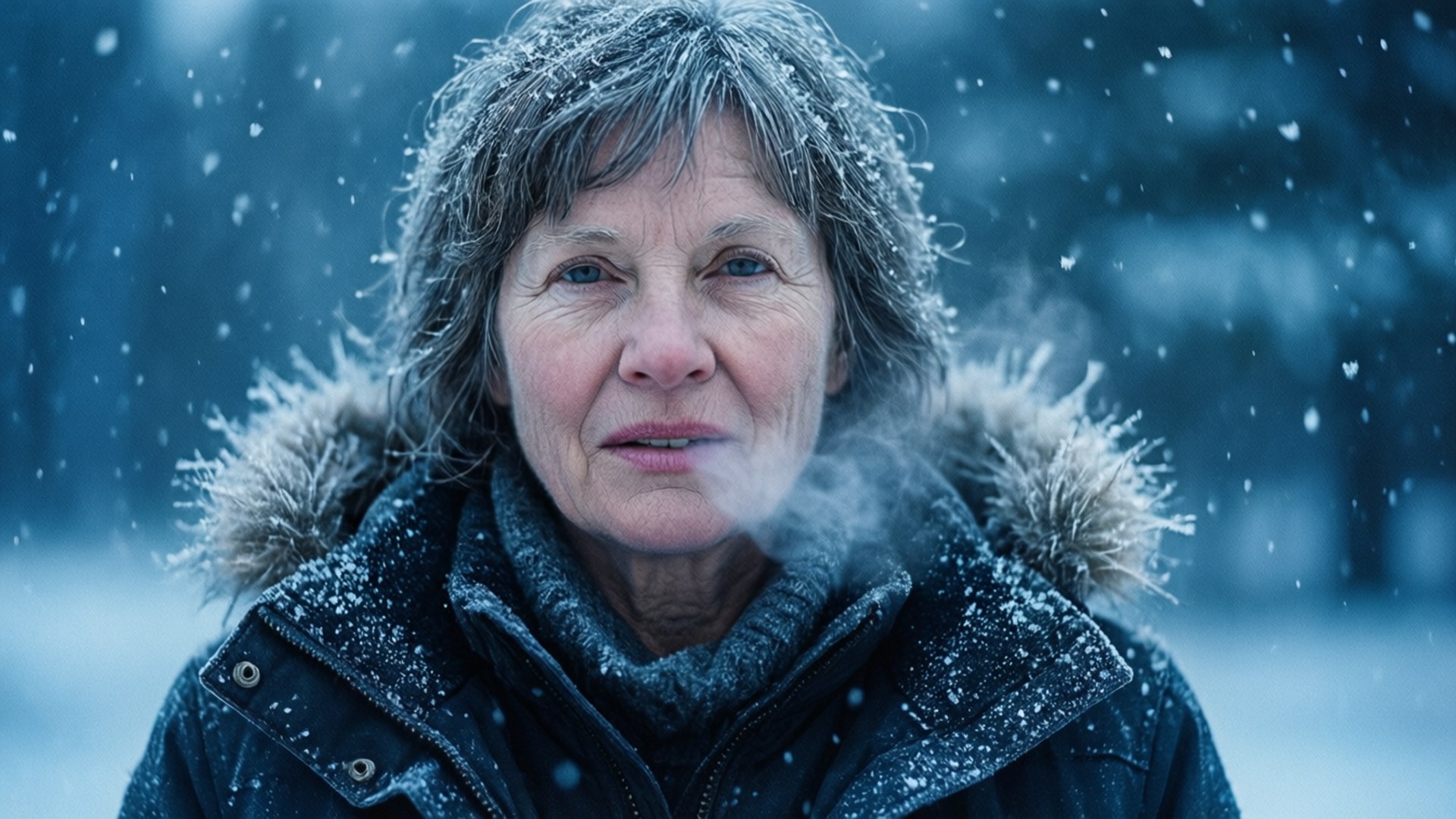 一位穿著冬季外套的女性站在雪花飄落的雪地森林中。