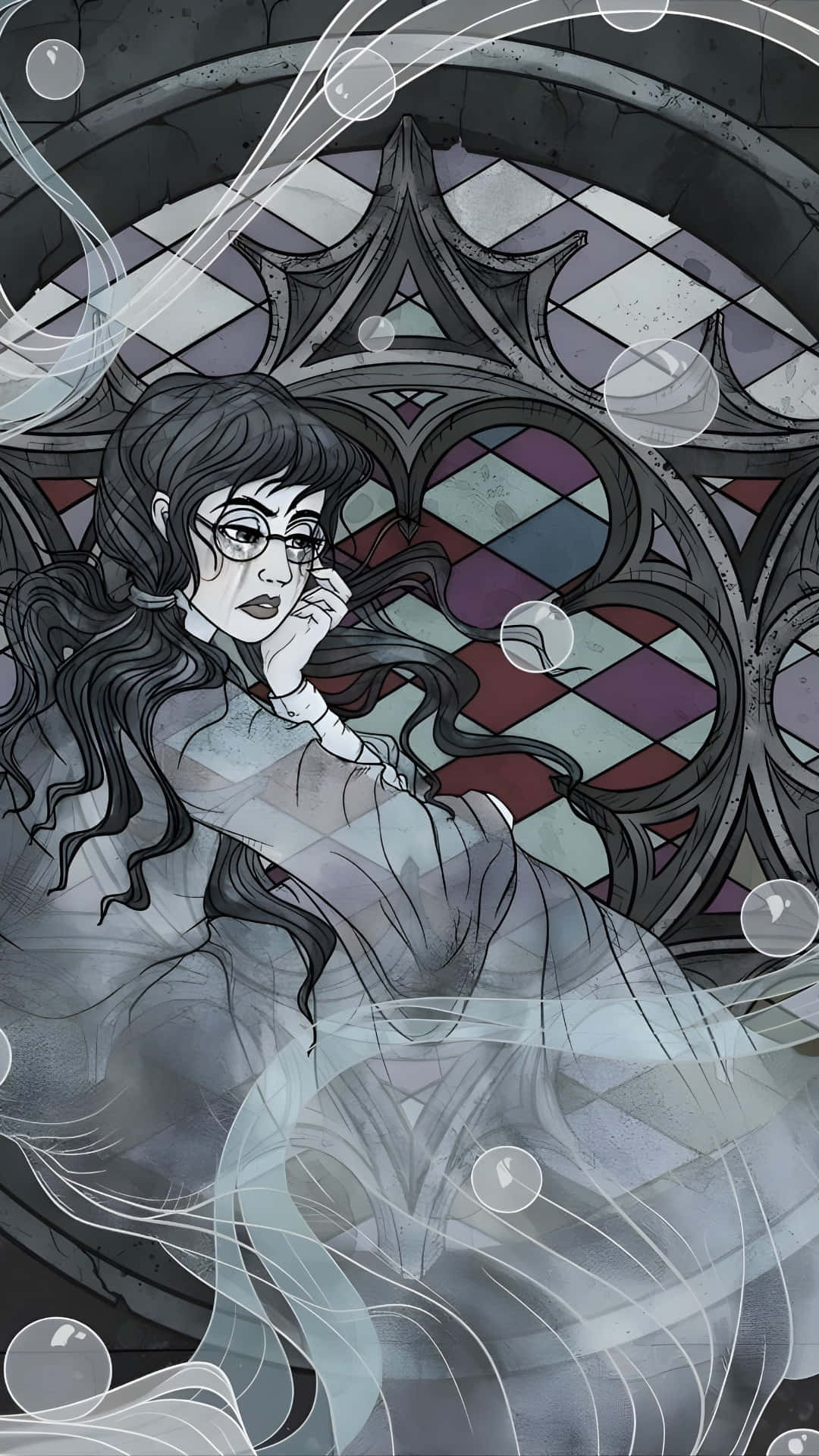  壁紙 — 一位戴眼鏡、長髮飄逸的女性優雅地坐在彩繪玻璃窗前，周圍有旋轉的氣泡。