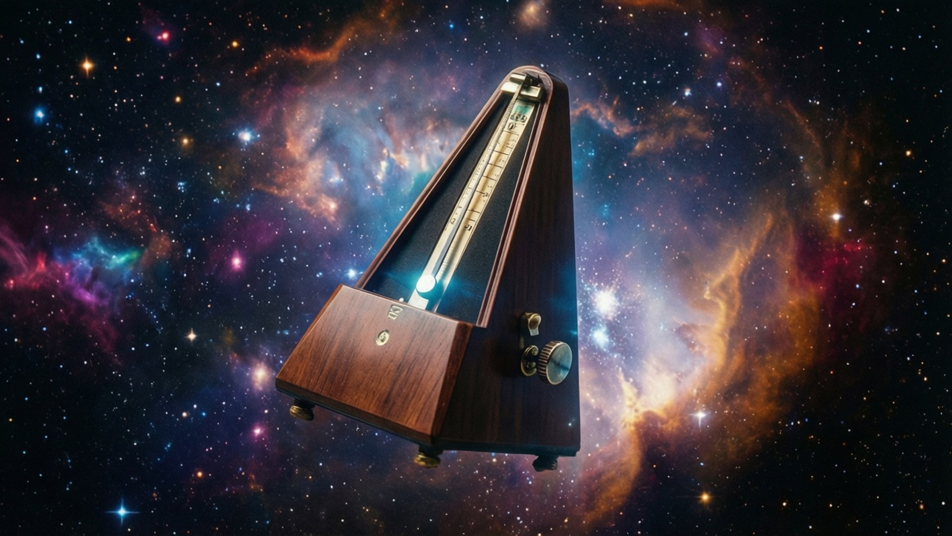 一個木製節拍器漂浮在多彩的星空星雲中。