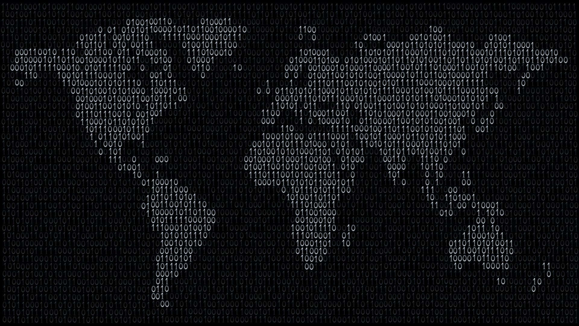 在黑暗背景上用二進制數字組成的世界地圖輪廓