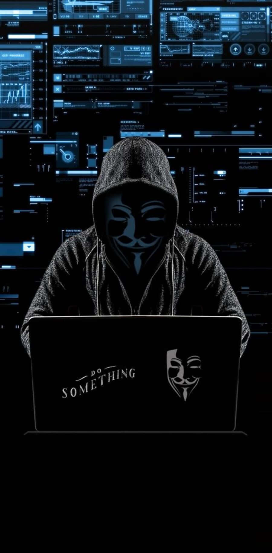  壁紙 — 一個戴著 Guy Fawkes 面具、身穿連帽衫的人物坐在手提電腦前，螢幕顯示「Do Something」字樣，背景是發光的藍色數位介面。