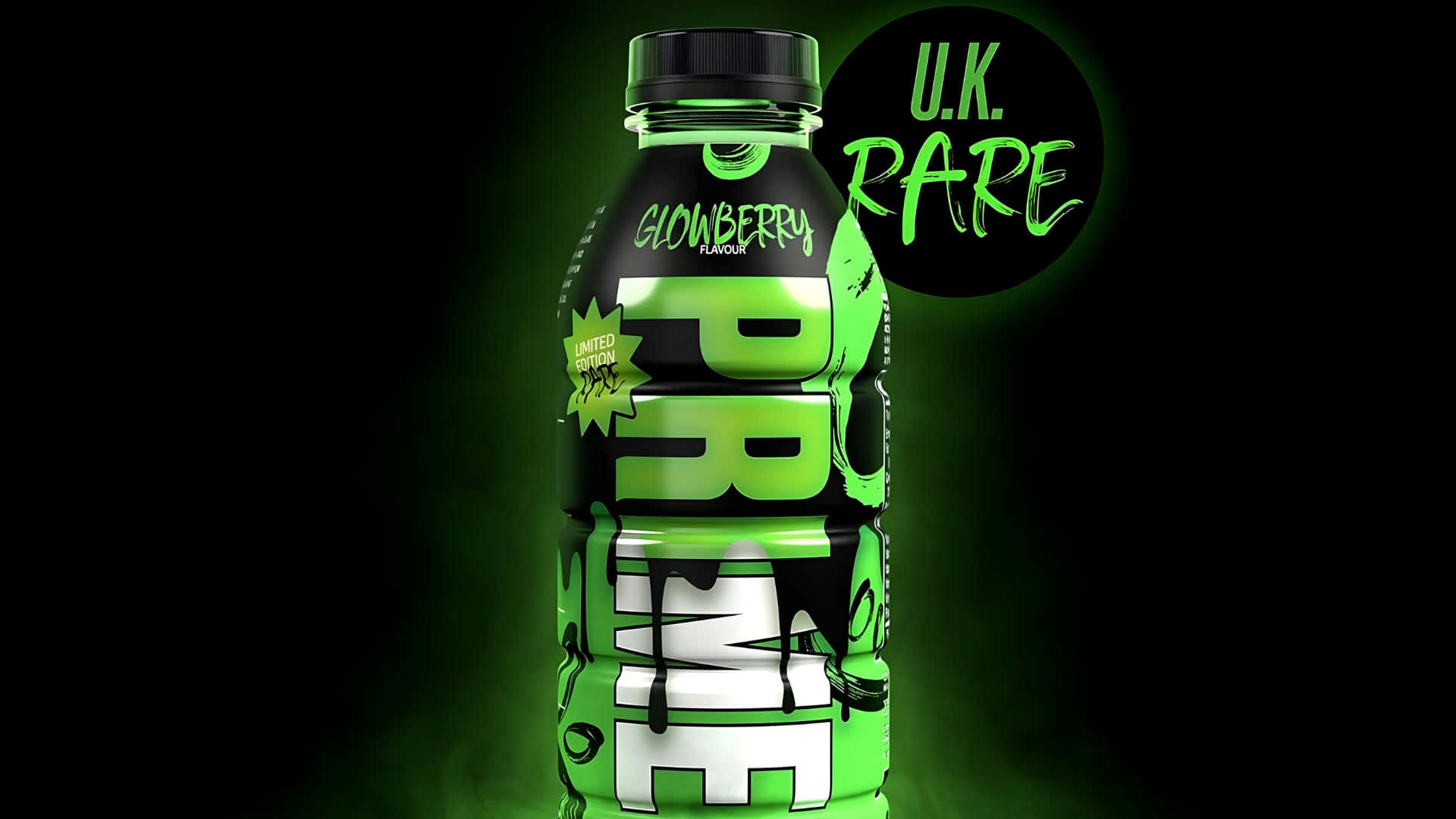  壁紙 — 一個發光的綠色U.K. RARE能量飲品瓶，帶有粗體塗鴉風格文字和「限量版」星爆圖案，背景為深色。