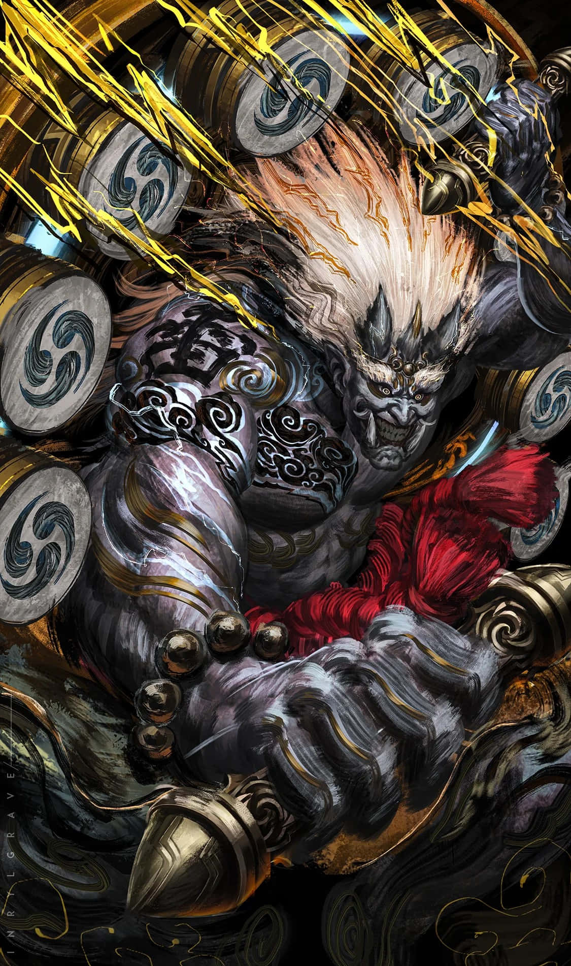  壁紙 — 一個兇猛的惡魔戰士，白髮和複雜的紋身，在旋轉的黃色能量和華麗的盾牌中緊握金色武器。