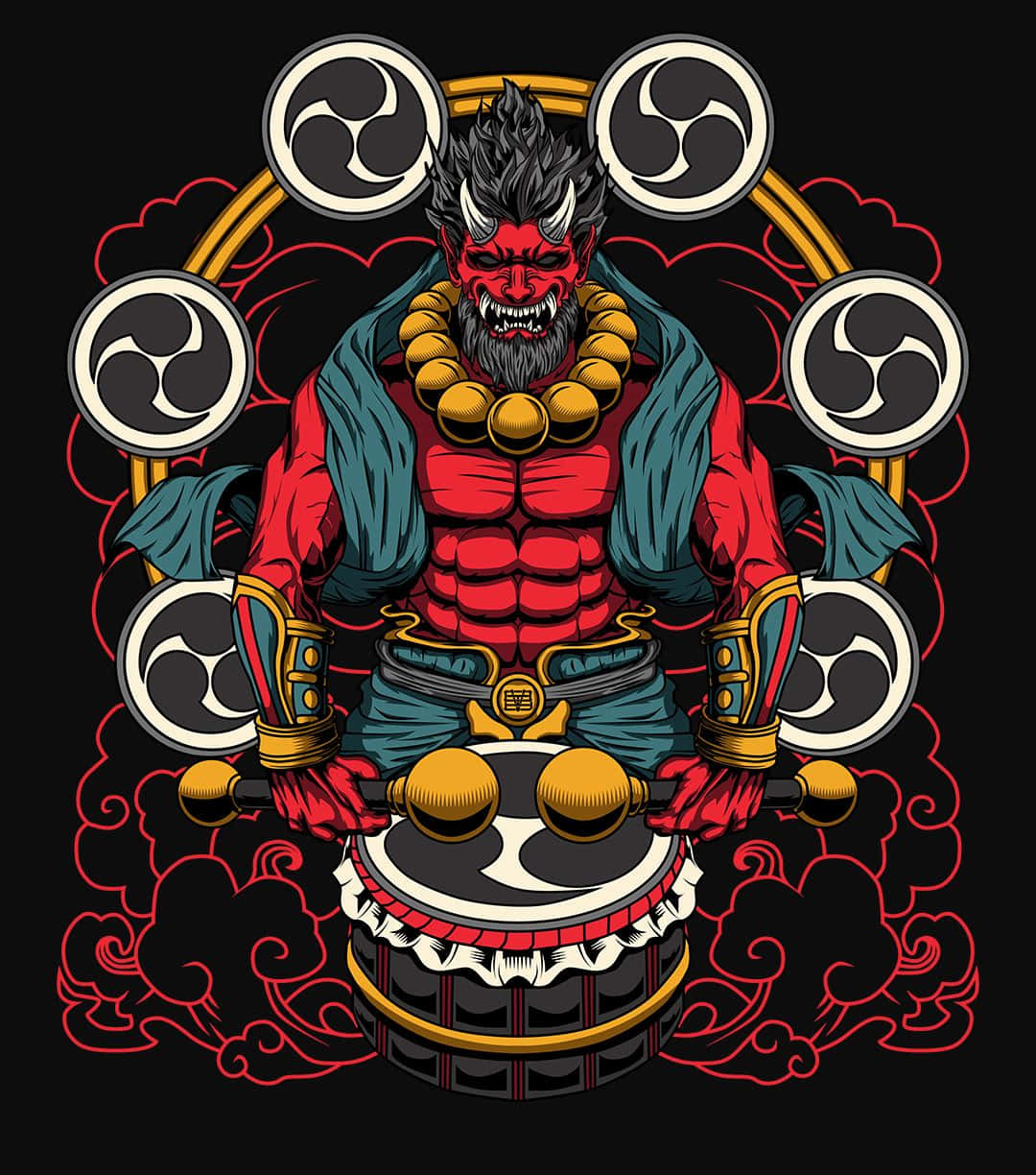  壁紙 — 一個兇猛的紅色惡魔，有角和鬍鬚，盤腿坐在一個鼓上，周圍環繞著旋轉的紅色雲彩和三曲腿圖符號。