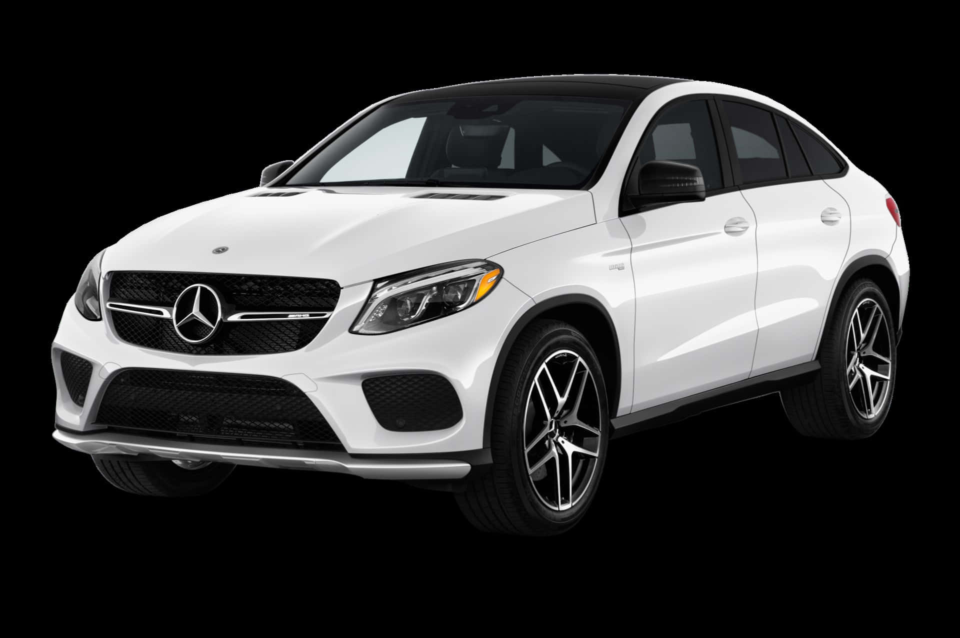 Mercedes Benz Gle-class 桌布 壁紙 — 一輛純白色平治 GLE Coupe SUV 在純黑色背景襯托下展示，配備時尚合金輪圈和銳利棱角頭燈。