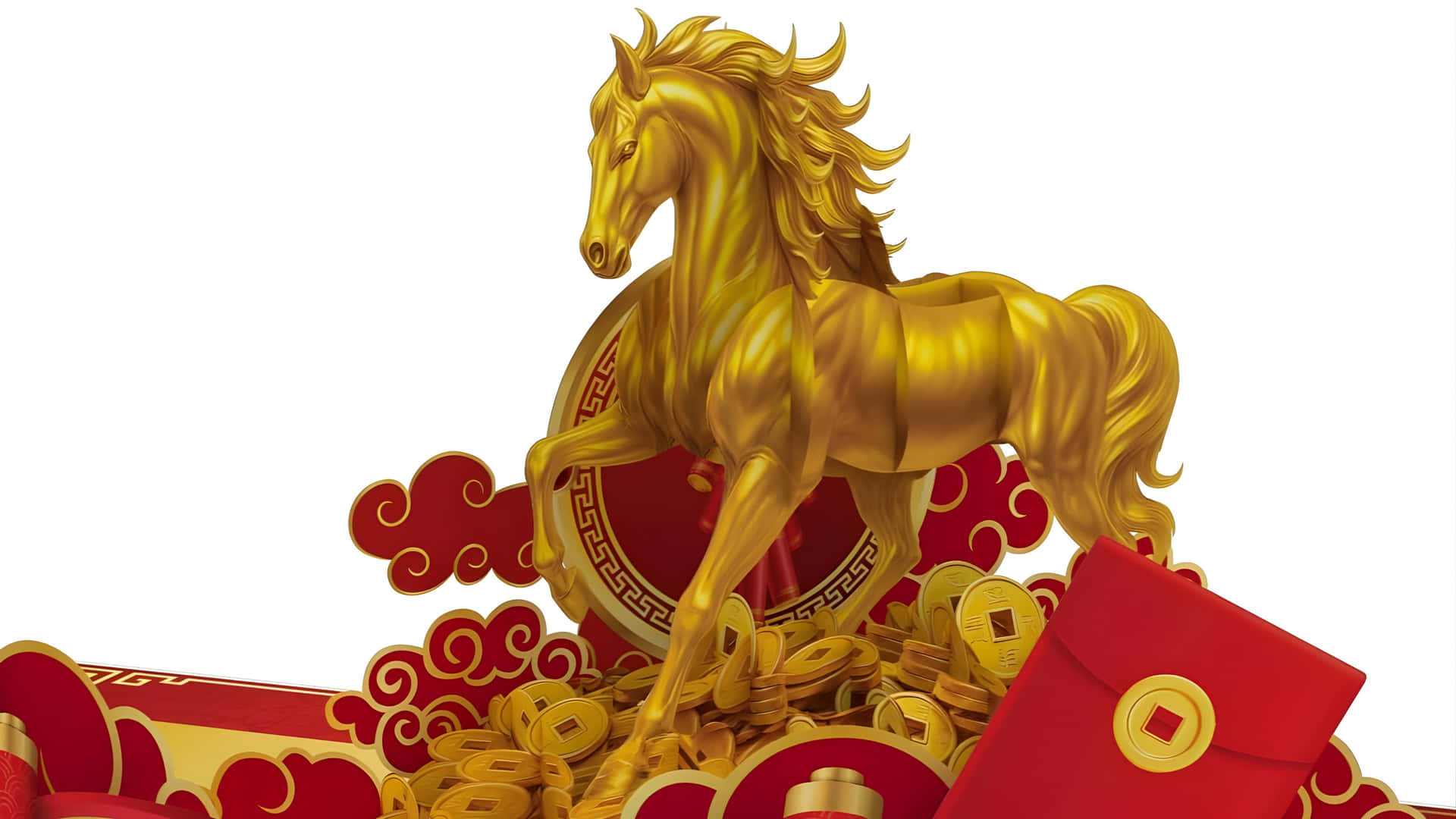  壁紙 — 一匹閃閃發光的金色駿馬，威風凜凜地站在一堆金幣和飾有傳統中國雲紋的紅包之上。