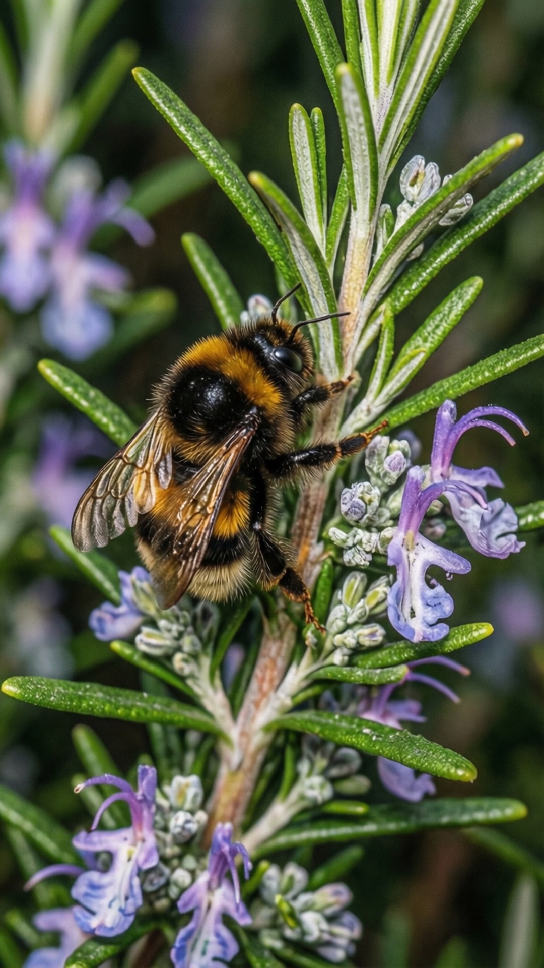 Bumble 桌布 壁紙 — 一隻帶有黑色和黃色條紋的毛茸茸大黃蜂緊貼在迷迭香的莖上，周圍是紫色的花朵和綠色的針葉。