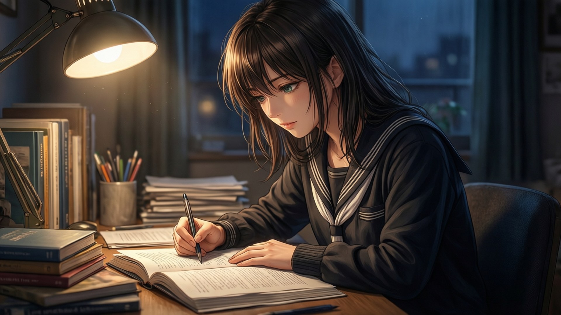 穿著水手服的動漫女孩在夜間於檯燈下用功讀書，旁邊有書本。