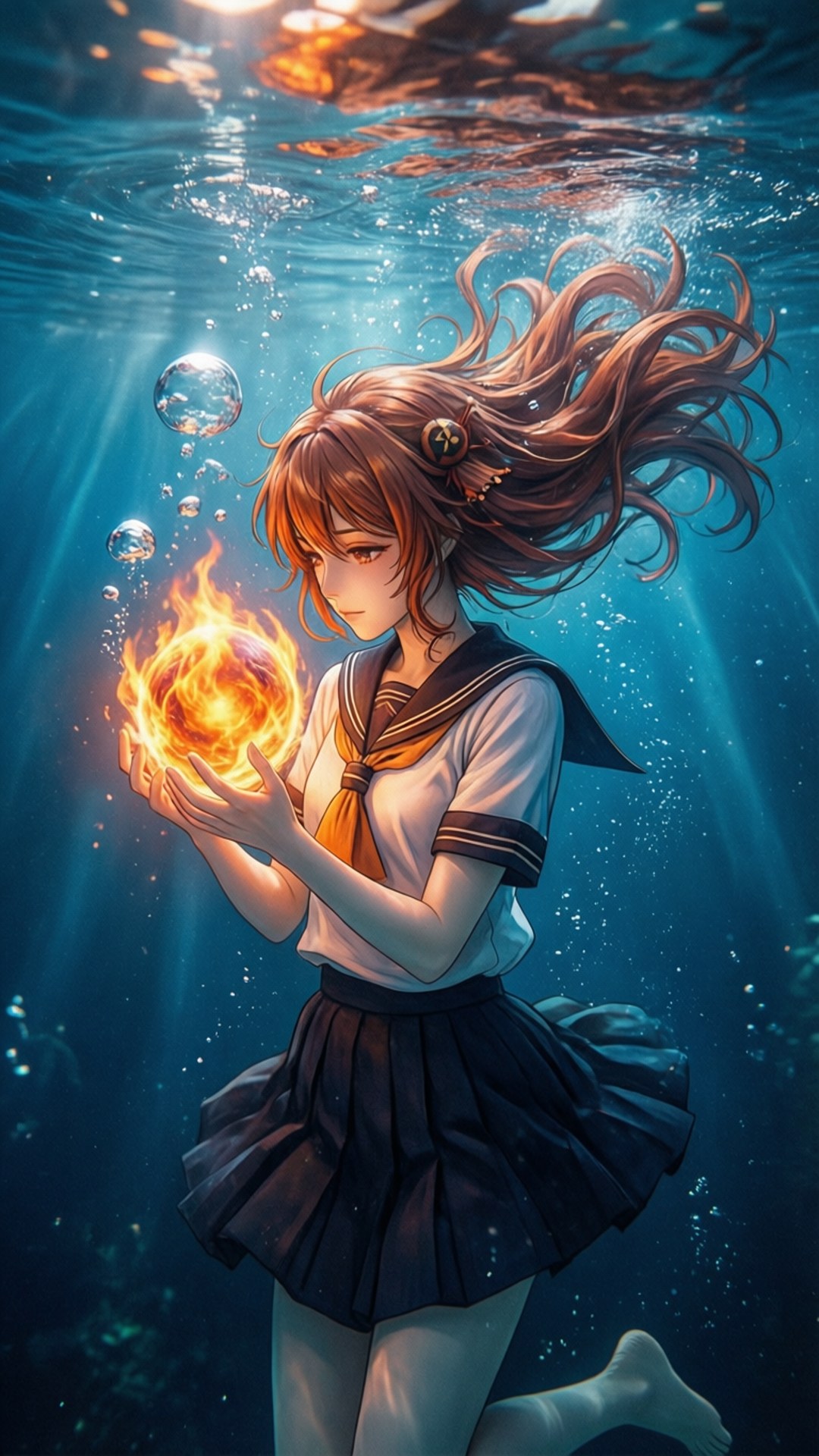 Dr Stone Homura Momiji 桌布 壁紙 — 一個穿著校服的年輕動漫女孩在水下拿著一個發光的火球，陽光從上方照射下來。