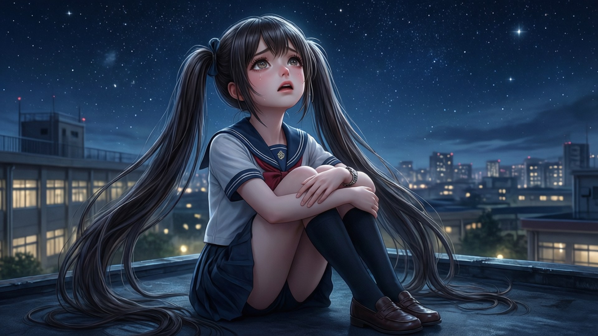 可憐動漫 桌布 壁紙 — 一個穿著校服的年輕動漫女孩晚上獨自坐在屋頂上，仰望發光城市上方的星空。
