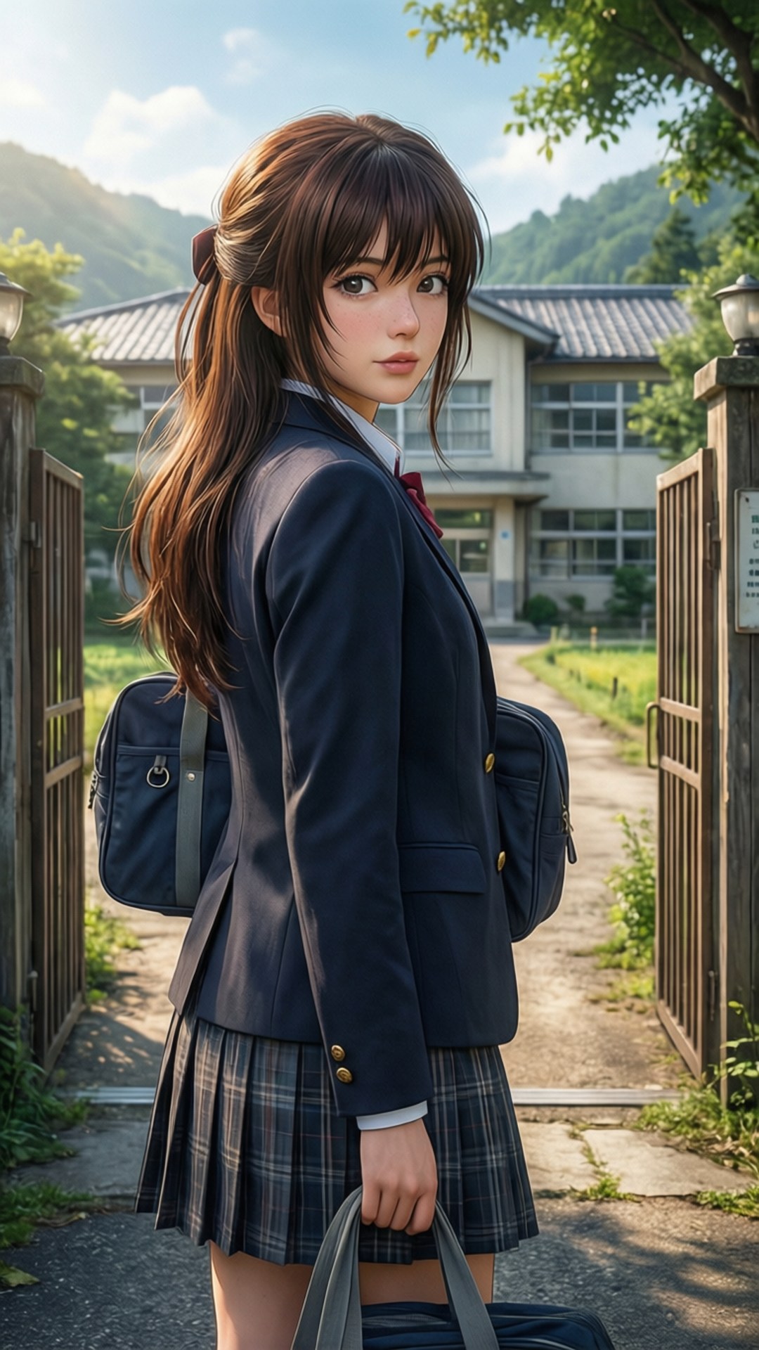 動漫女孩穿著校服在門口拿著袋子，背後有山和學校。