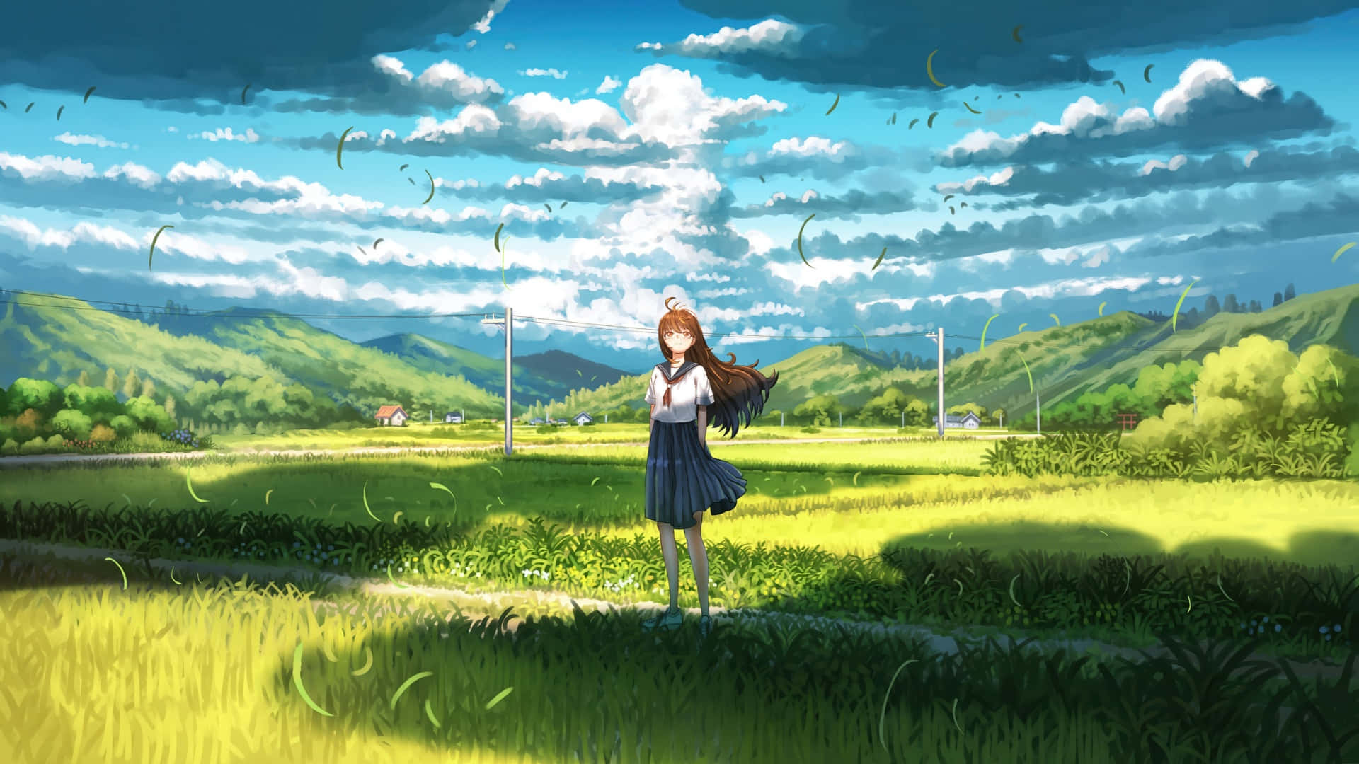  壁紙 — 一個穿著校服的年輕動漫女孩站在陽光明媚的田野中，上面有綠色山丘和蓬鬆的雲朵。
