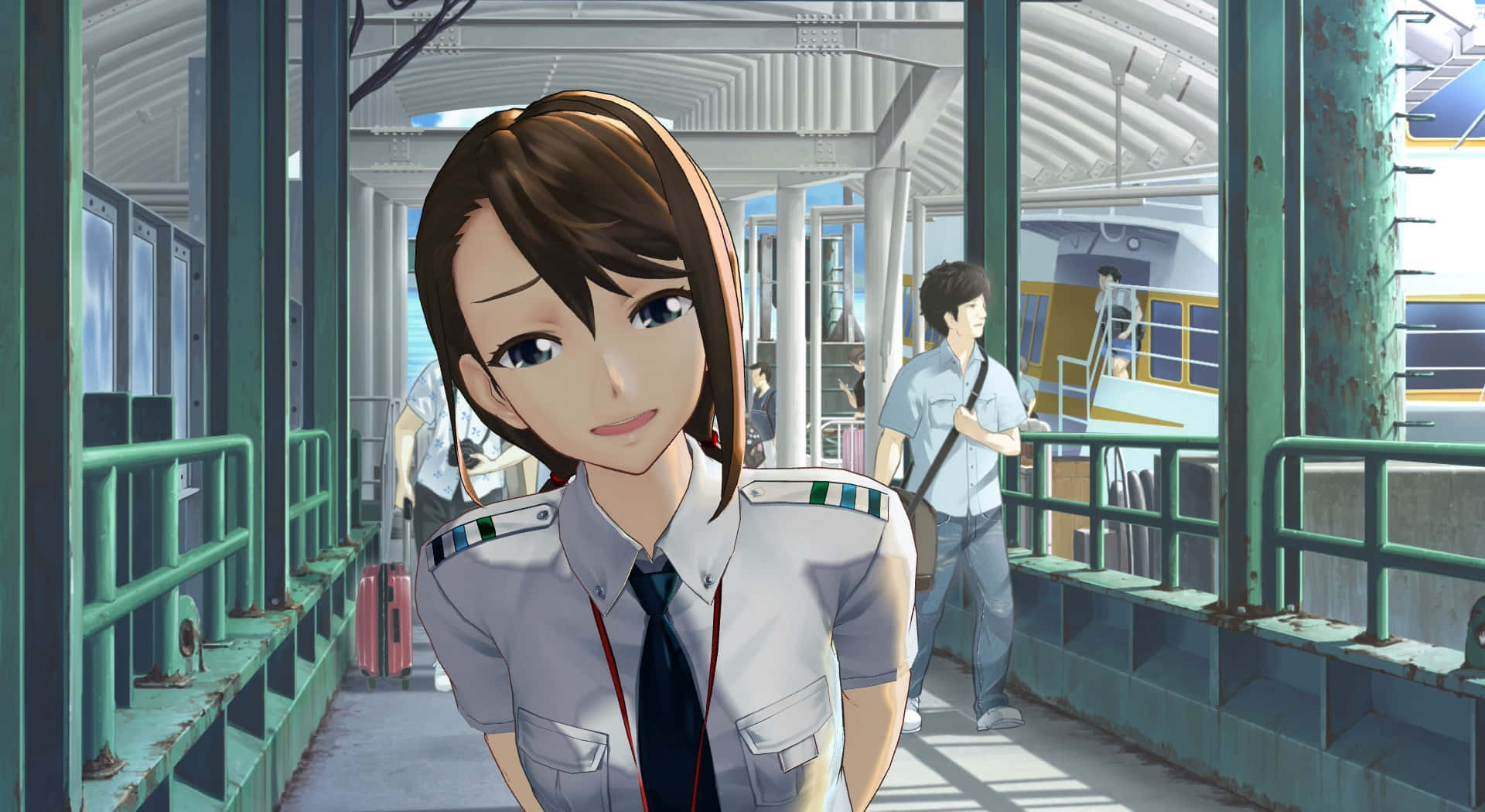  壁紙 — 一位穿著火車站制服嘅年輕動漫女孩，喺背景有乘客行過嘅時候，向觀眾露出溫暖嘅笑容。
