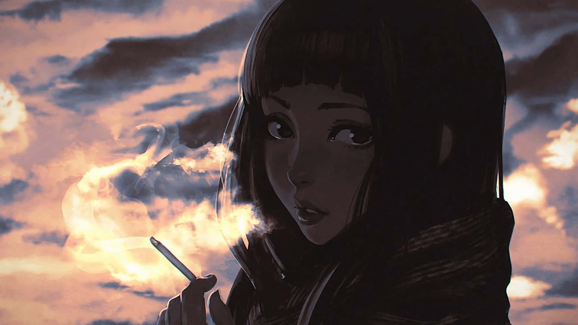  壁紙 — 一位年輕的動漫女孩，深色頭髮，在戲劇性的日落天空下呼出煙霧，天空中有發光的雲彩。
