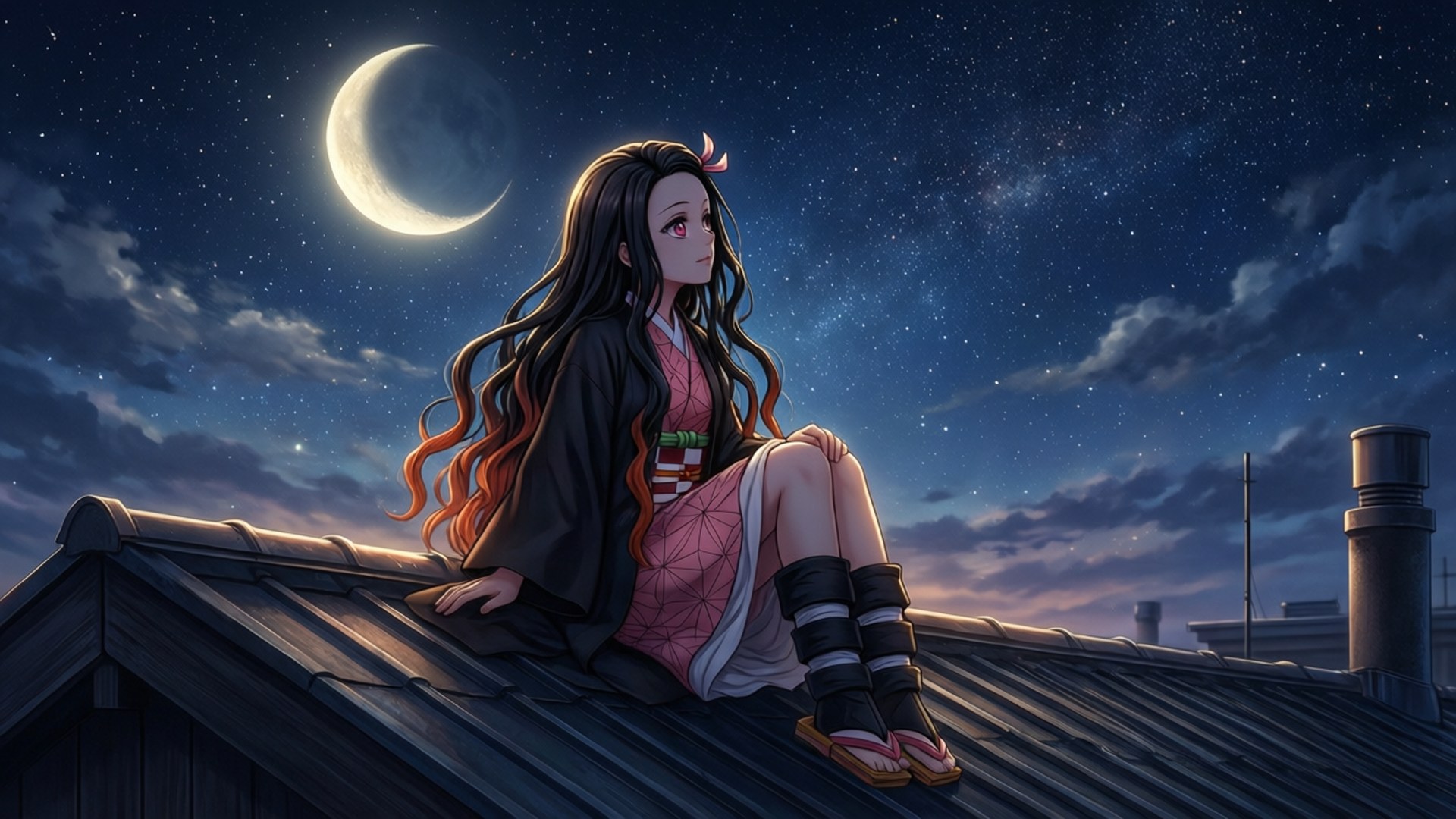 穿著傳統服飾的動漫女孩坐在屋頂上，下方是新月和星星。