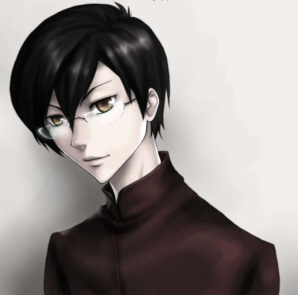 Kyoya Ootori 桌布 壁紙 — 一個年輕的動漫男子，黑髮戴眼鏡，穿著深棕色高領襯衫，背景簡單。