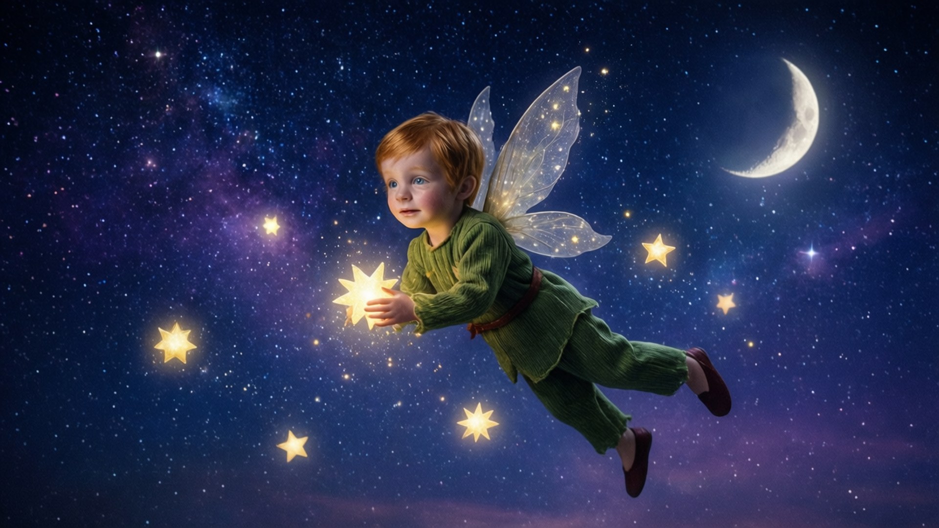一個穿著綠色衣服的仙子小孩，在帶有彎月的星空夜空背景下，抱著一顆發光的星星。