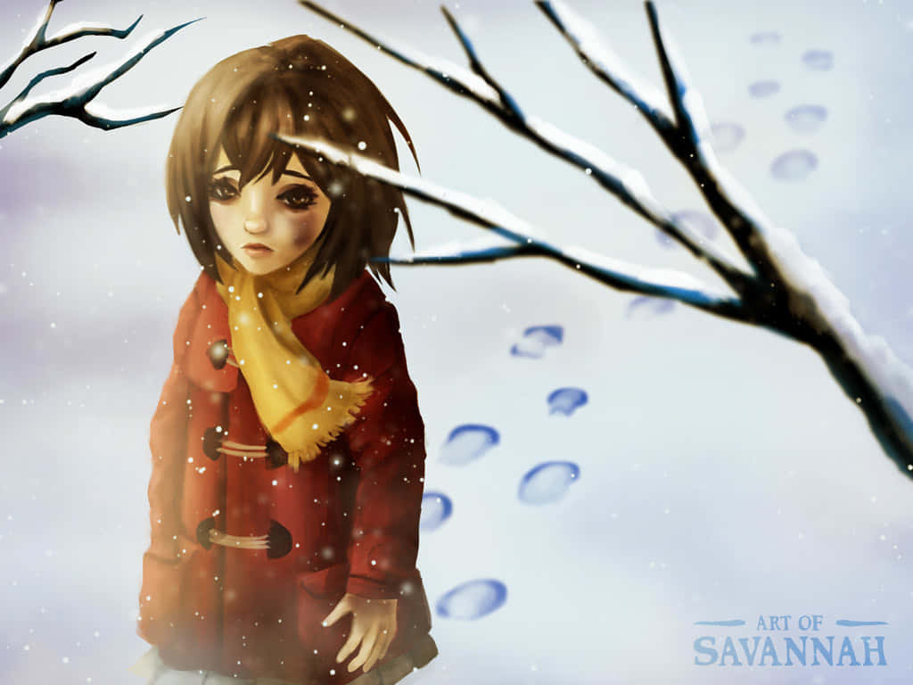 Kayo Hinazuki 桌布 壁紙 — 一個穿著紅色外套和黃色圍巾的小女孩獨自站在雪景中，身後有光禿的樹枝和腳印。