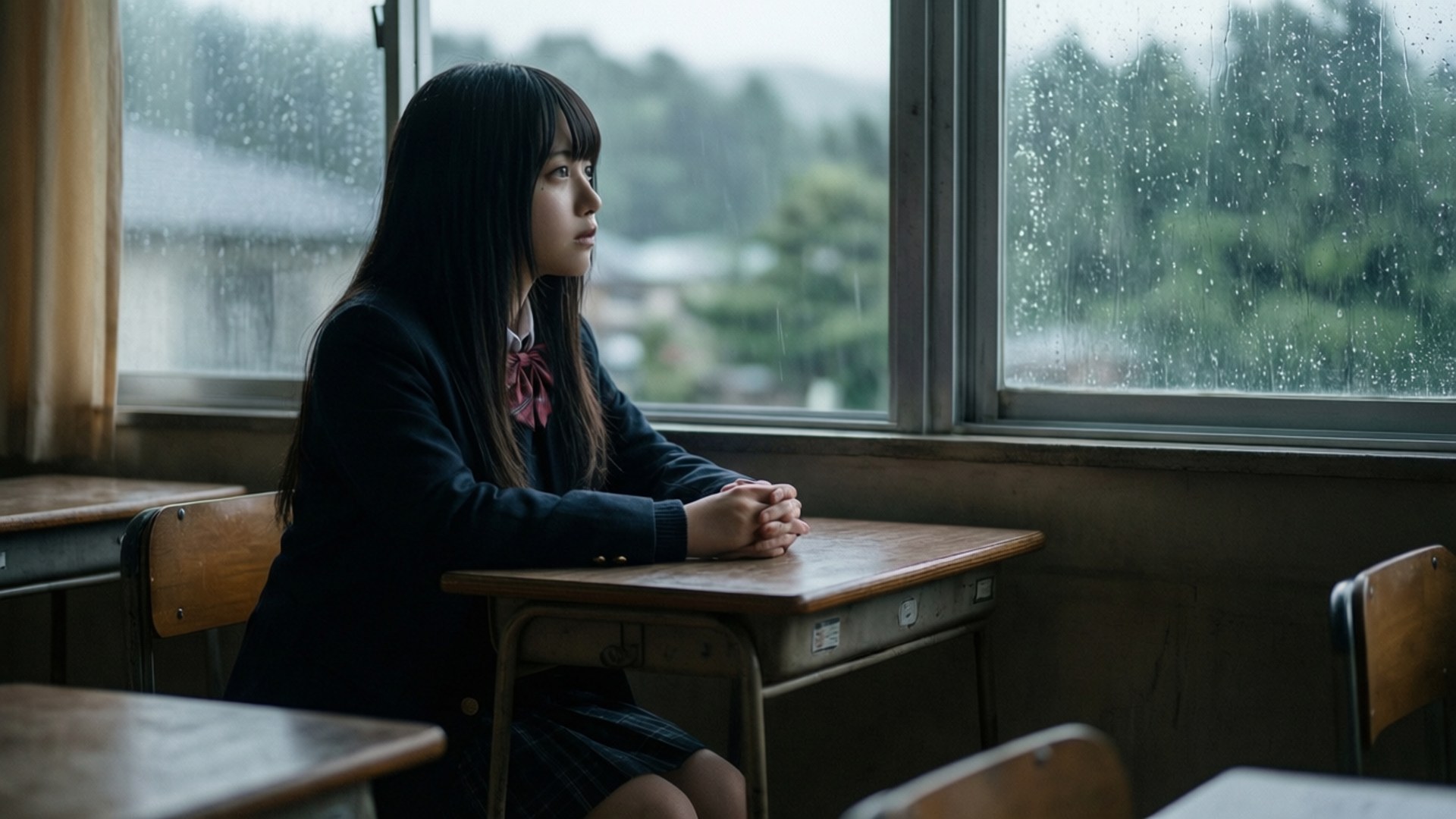 一個穿著校服的女孩坐在桌前，看著下雨的窗外。