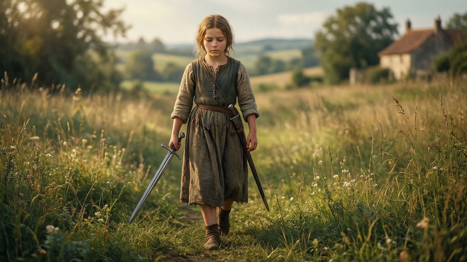 Jeanne D'arc 桌布 壁紙 — 一個穿著中世紀風格衣服的年輕女孩，手持劍和匕首，走過陽光明媚的田野。