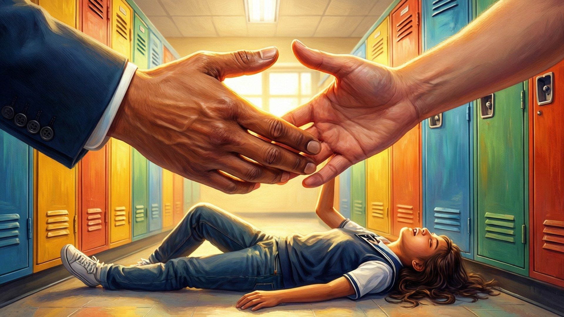 桌布 壁紙 — 一個年輕女孩躺在學校走廊的地板上，向上伸手，兩隻巨大的手輕輕地握住她的雙手在她上方。