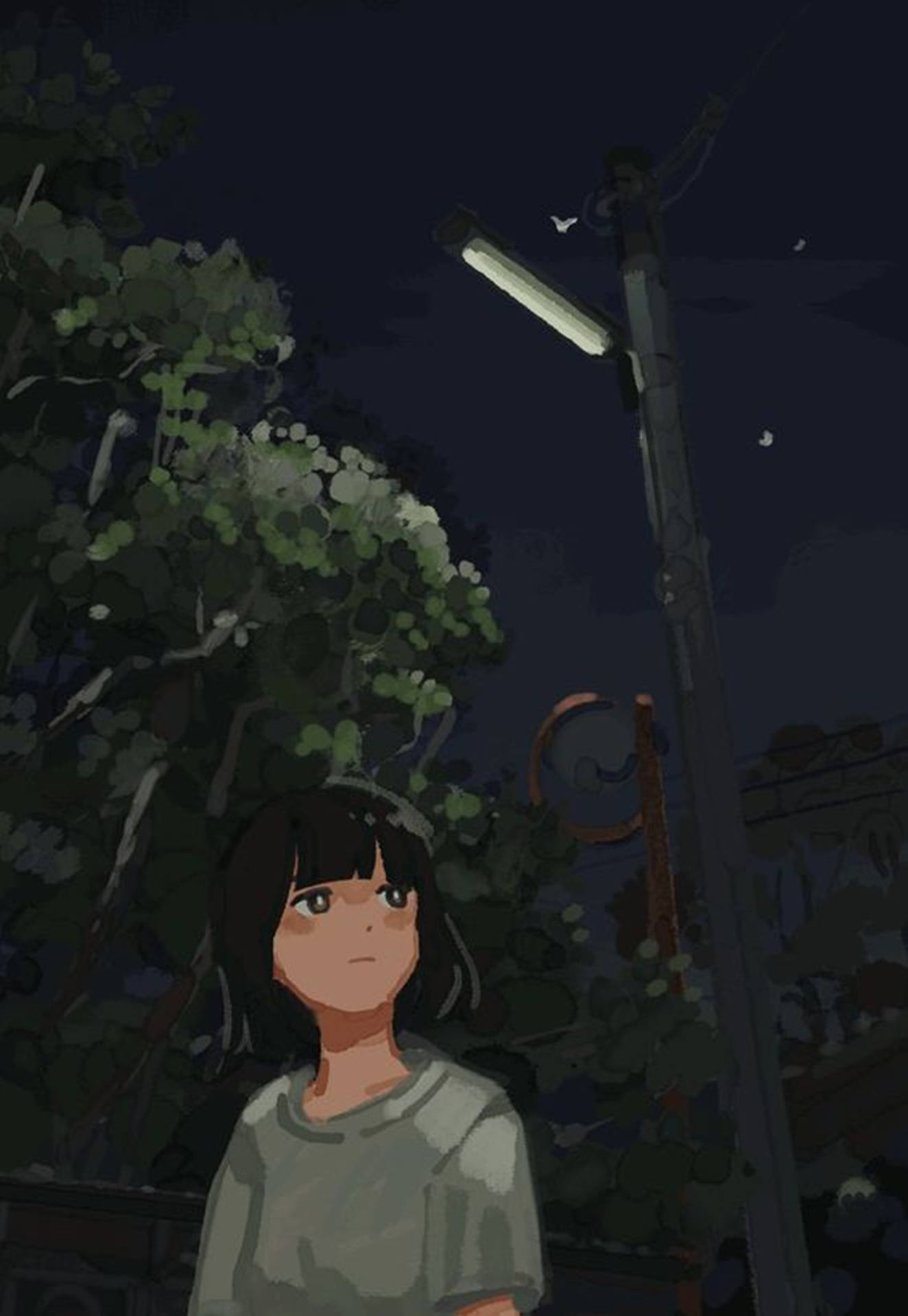 一個年輕女孩夜晚站在街燈下，被樹木包圍。