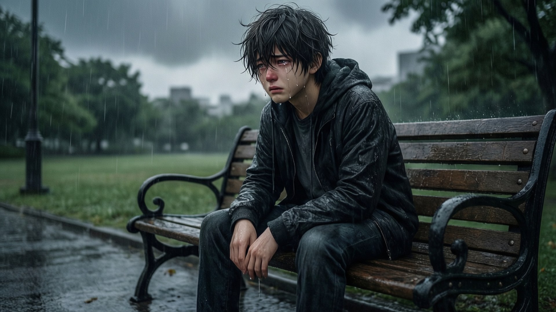 動漫男孩 桌布 壁紙 — 一個年輕男子獨自坐在公園長椅上，周圍大雨傾盆，他低頭露出悲傷的表情。